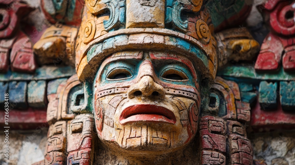 Obraz premium A colorful Mayan stone carving of a deity or figure with intricate details and vibrant colors.