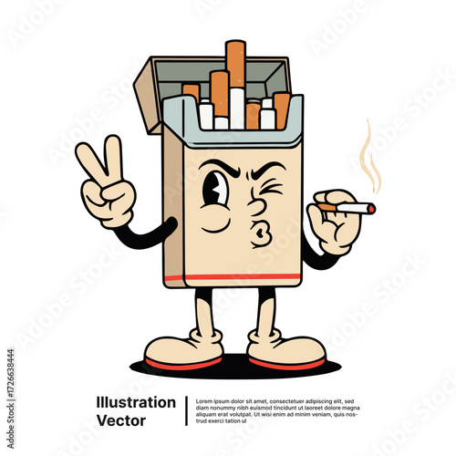 Cartoon pack of cigarettes winking and holding a lit cigarette with a peace sign