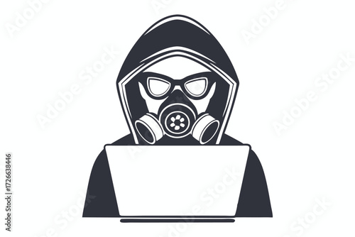 Hooded person with a gas mask is sitting in front of the laptop