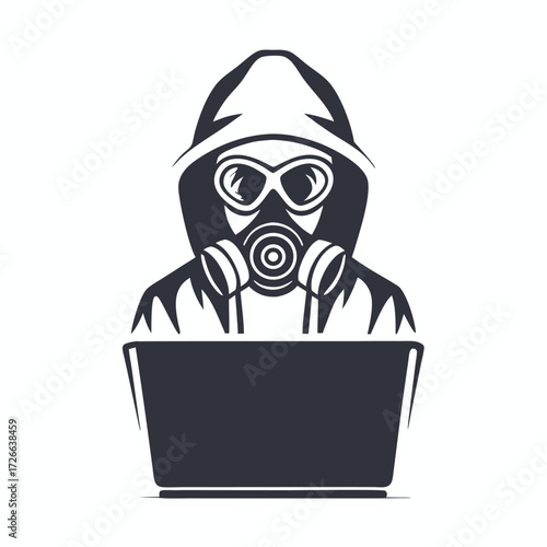Hooded person with gas mask uses computer, signifying hacking or digital security