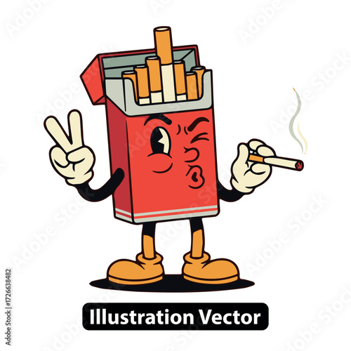 Cartoonish Cigarette Pack Smoking and Giving Peace Sign Vintage Illustration Design Concept
