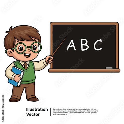 Cute Cartoon Boy Teacher with Glasses and Vest Holding Pointer Stick in Front of ABC Blackboard