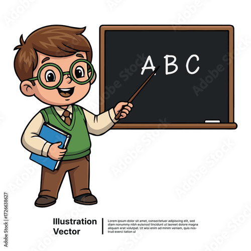 Cartoon of a young boy teacher explaining the alphabet from a blackboard for early education