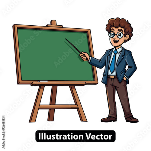 Illustration of a Teacher Presenting on a Chalkboard with a Pointer Stick