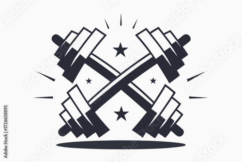 Intersecting weights accented with stars symbolize fitness and athletic achievement in a monochrome composition