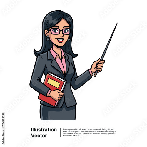 A confident female teacher with glasses, holding a pointer and book, ready to teach