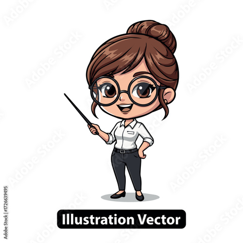Adorable Teacher Cartoon Character with Glasses and Pointer Stick