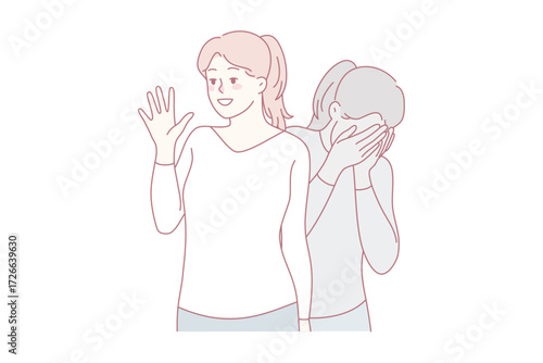 Girl pretending happy and smiling suffering from depression mental breakdown. Young woman struggle with psychology problems inside. Vector illustration.