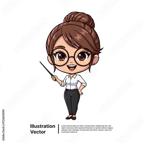 Cute cartoon teacher woman with pointer stick, friendly character illustration for education and teaching