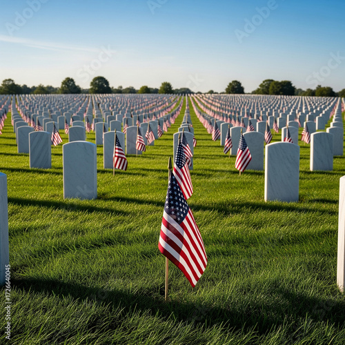 Vast Military Cemetery with Rows of Headstones and American Flags