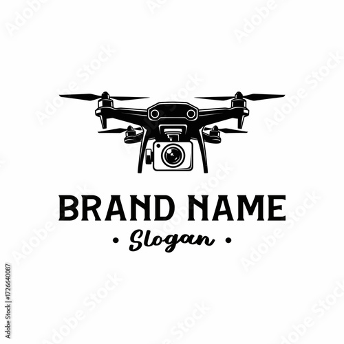Black and white drone logo with camera and text for a brand or business.
