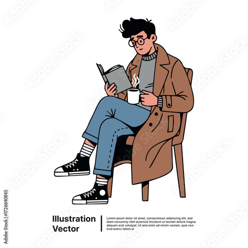 A relaxed young man in a trench coat enjoys a quiet moment reading a book with hot coffee