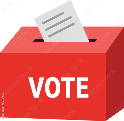 Red voting box with 'vote' text and paper ballot representing democratic elections and civic engagement isolated on transparent background