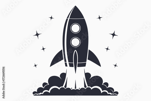 Isolated monochrome rocket launches amidst starbursts, set against a plain backdrop, perfect for themes