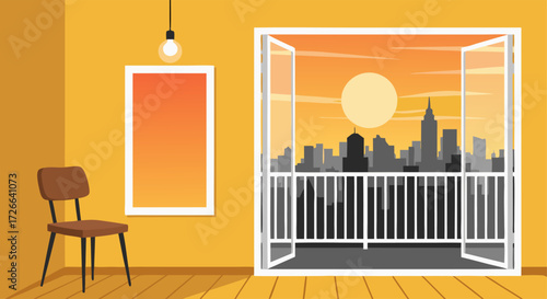 Cozy apartment balcony overlooking a vibrant city skyline at sunset, bathed in warm, golden light