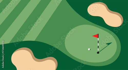 Abstract overhead view of a golf course hole with sand traps and flag on the green, a golf ball and tee are visible
