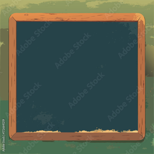 An old rustic blackboard with a wooden frame, slightly worn edges, and chalk dust marks, empty and ready for creative writing or classroom design