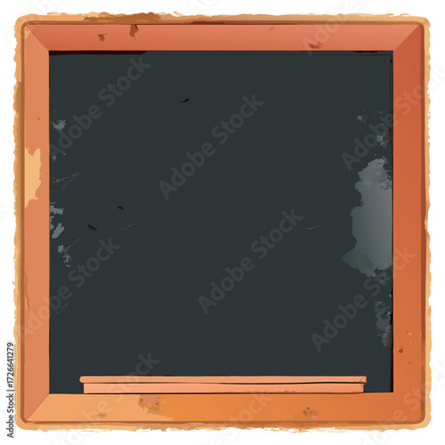 An old rustic blackboard with a wooden frame, slightly worn edges, and chalk dust marks, empty and ready for creative writing or classroom design