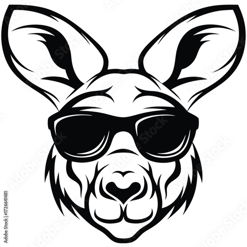 Isolated kangaroo head wears dark sunglasses, providing a clean, stylized aesthetic