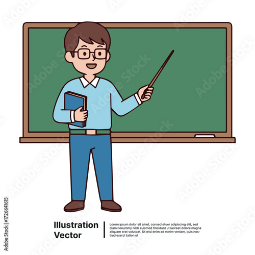 Enthusiastic Teacher Explaining a Lesson with a Pointer in Front of a Chalkboard