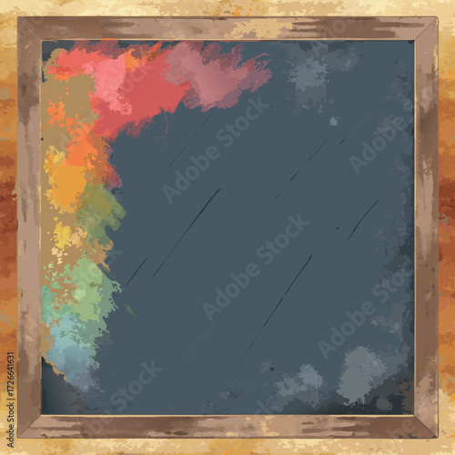An old rustic blackboard with a wooden frame, slightly worn edges, and chalk dust marks, empty and ready for creative writing or classroom design