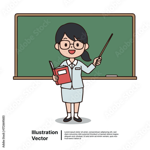 Smiling dedicated professional female teacher explaining lessons in a classroom setting illustration