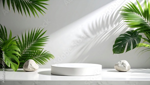 Fototapeta Naklejka Na Ścianę i Meble -  Minimalist White Product Display Podium with Tropical Green Leaves