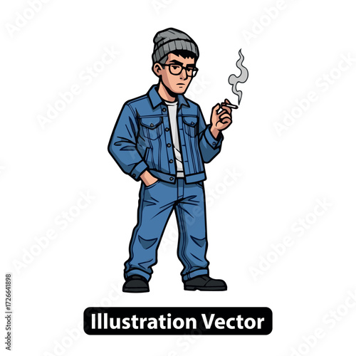 Cartoon vector illustration of a cool young man in a denim jacket and beanie smoking a cigarette