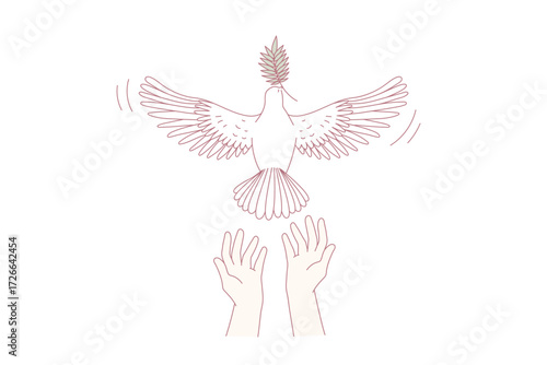 Freedom and releasing good news concept. Human hands letting white pigeon with green leaf in beak go over blue sky background vector illustration