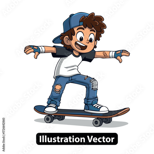 Cool Kid Cartoon Skating Enthusiastically on a Skateboard with Joyful Expression