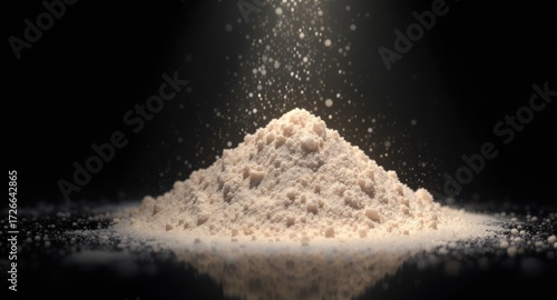 A mound of light beige powder, illuminated from above by a spotlight, creating a dramatic effect.  Particles of the powder