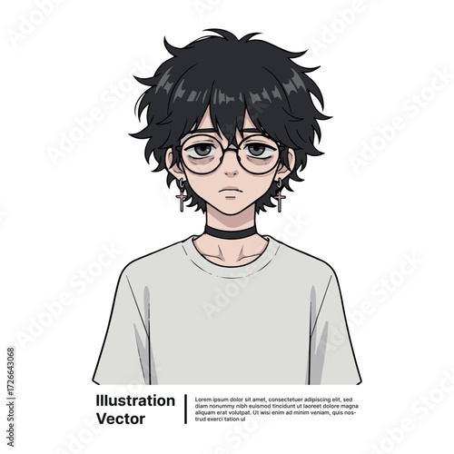 Portrait of a tired and melancholic young man with messy black hair and glasses, anime style