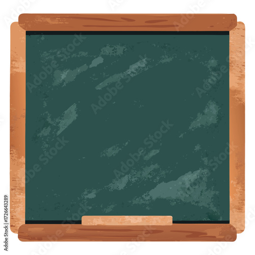 An old rustic blackboard with a wooden frame, slightly worn edges, and chalk dust marks, empty and ready for creative writing or classroom design