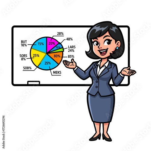 Businesswoman Presenting Pie Chart Data Visualization and Statistical Analysis Illustration