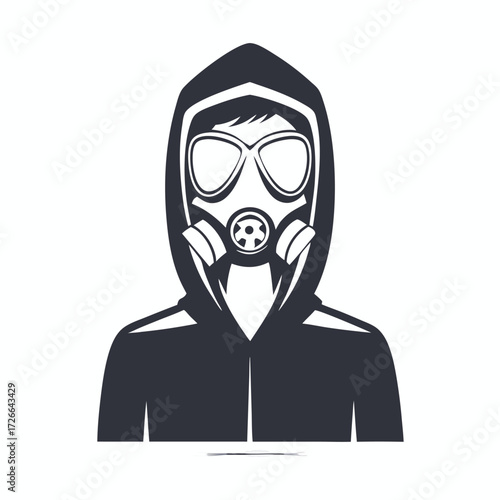 Man with gas mask and hood presents a stark monochrome silhouette
