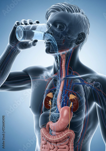 Hydration and Human Anatomy: An insightful medical illustration depicting the anatomical processes of water consumption, showcasing the intricate network of the human body during the intake of fluids.