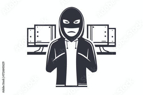 Masked figure in hood operates a laptop with a sense of enigmatic speed