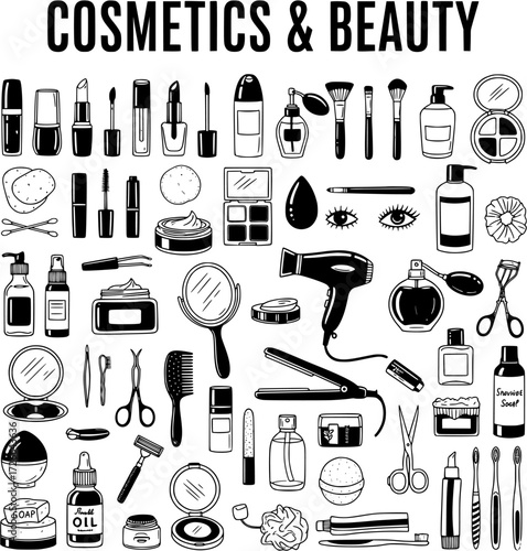 Black and white hand-drawn doodle set of diverse cosmetics, beauty products, makeup, skincare, and personal care icons.