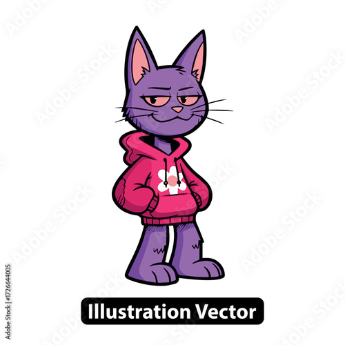 Cool purple cat illustration in a stylish pink hoodie, depicting urban feline fashion with a relaxed attitude