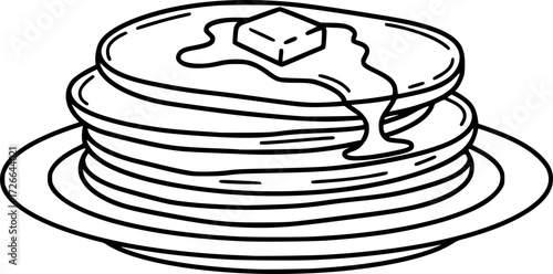 a stack of pancakes with butter on a plate, black and white line drawing