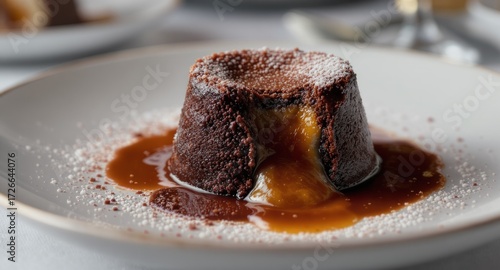 Close-up of a rich chocolate dessert.  A small, round, dark chocolate cake