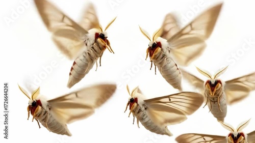 Several moths flying in a group against a bright white background