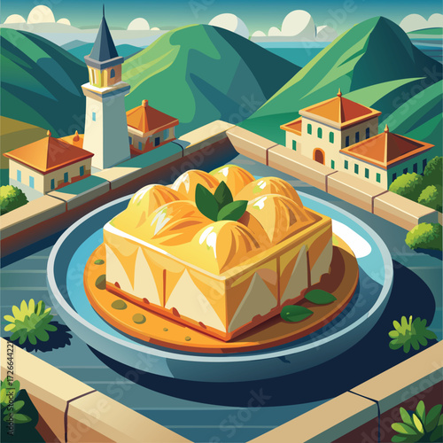 A delectable dessert. a yellow orange cake. sits on a plate against a backdrop of a quaint European village.