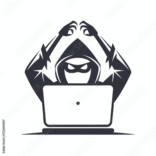 Masked silhouette with claws hovers above a laptop, creating an ominous feel