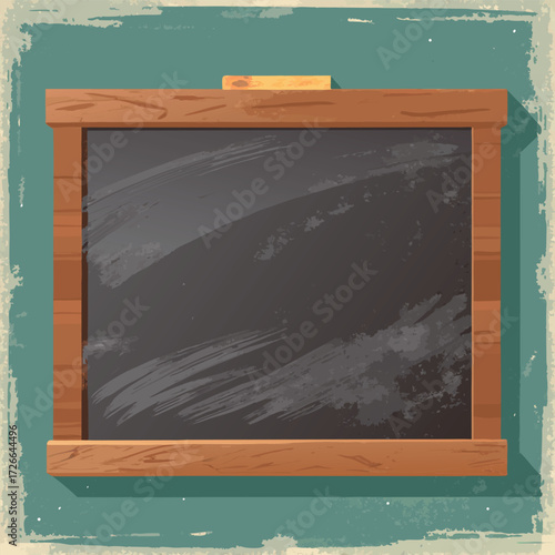 An old rustic blackboard with a wooden frame, slightly worn edges, and chalk dust marks, empty and ready for creative writing or classroom design