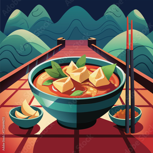 Bowl of Thai curry with tofu and herbs on a wooden bridge overlooking a landscape