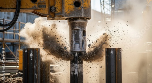A drilling machine is drilling into a rock formation, creating a hole in the ground.