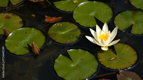 Leaves of lilies and caltrops on the water