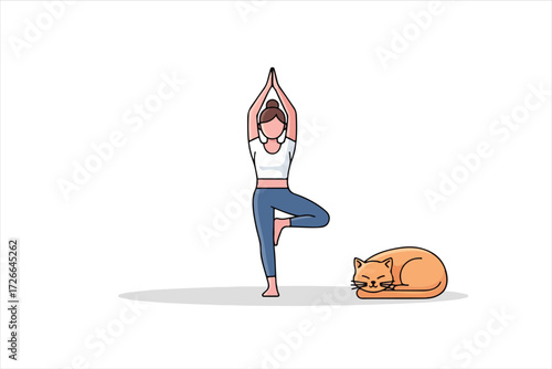 A woman practices yoga in a tree pose, with a cat resting nearby on the floor.