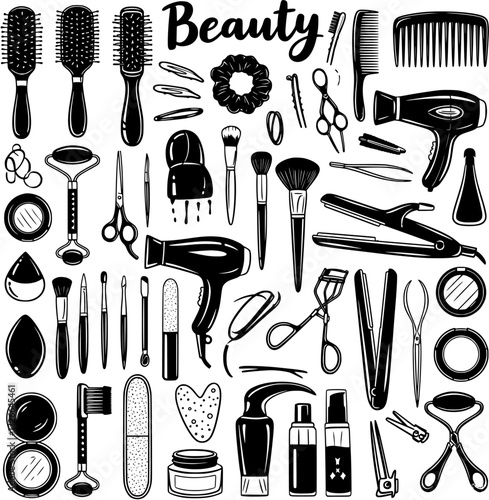 Extensive collection of beauty, hair care, and makeup essentials. Vector illustration with salon tools, cosmetic products, brushes, hairdryer, and grooming accessories in black and white.